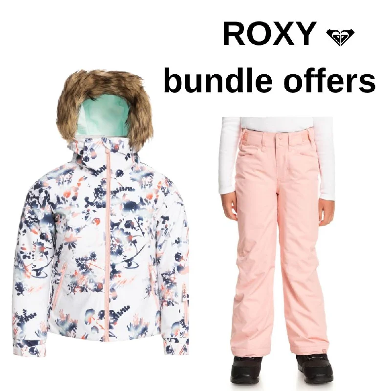 Roxy Jet Ski Girls Ski Jacket & Backyard Pants Bundle - Bright White & Mellow Rose