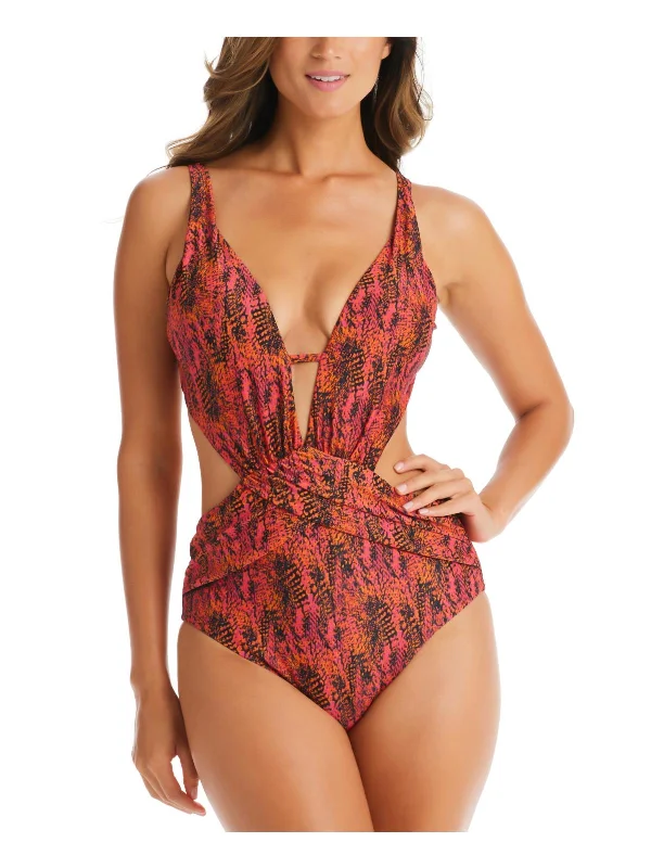 Womens Snake Print Cut-Out Back One-Piece Swimsuit