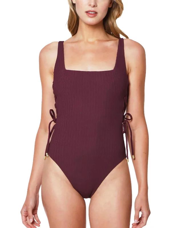 Womens Ribbed Lace-Up One-Piece Swimsuit