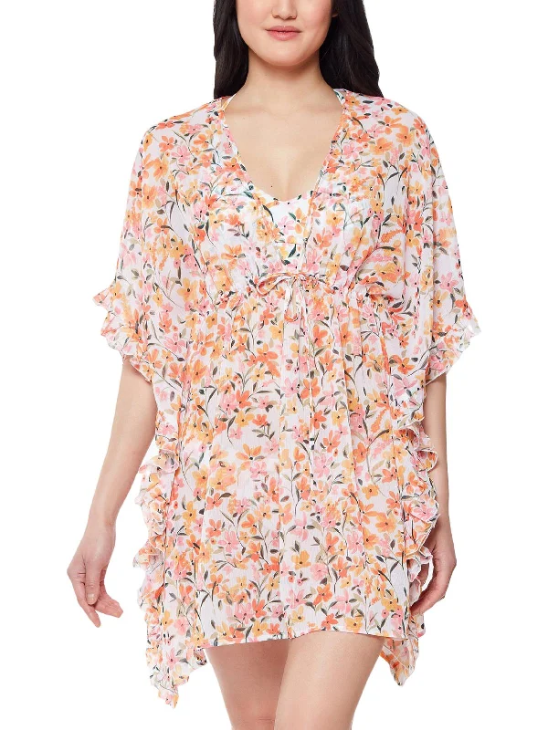 Womens Floral Sheer Caftan Swim Cover-Up