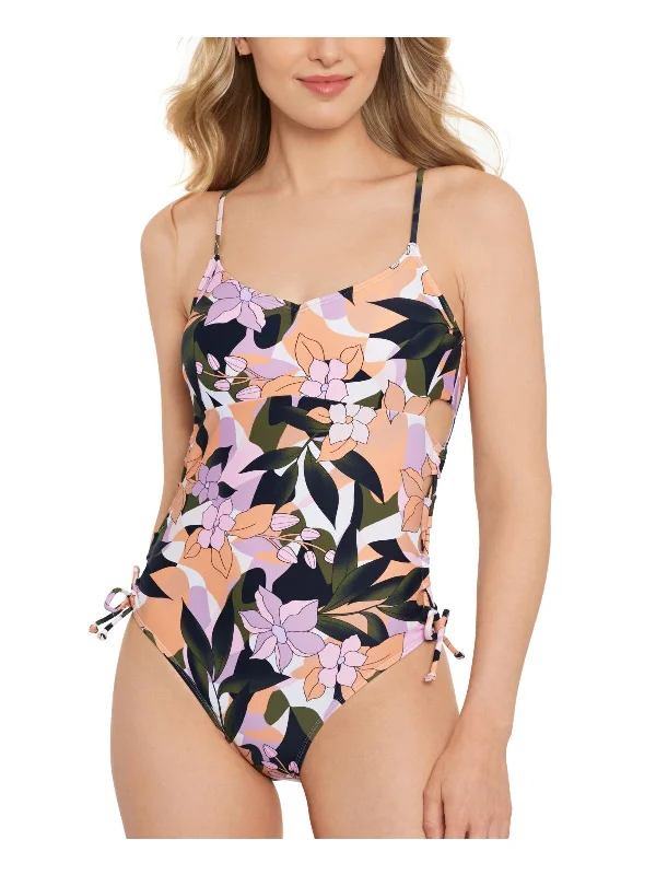 Juniors Womens Floral Print Lace-Up One-Piece Swimsuit