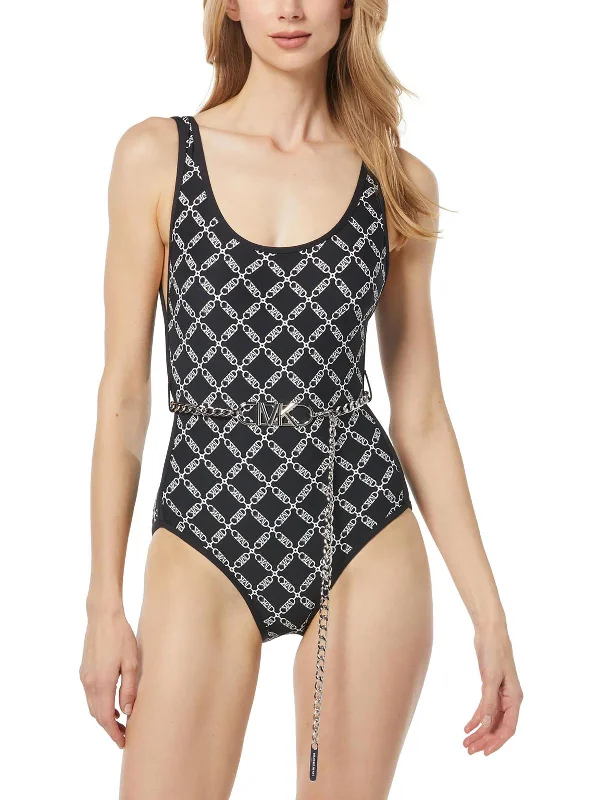 Womens Belted Scoop Neck One-Piece Swimsuit